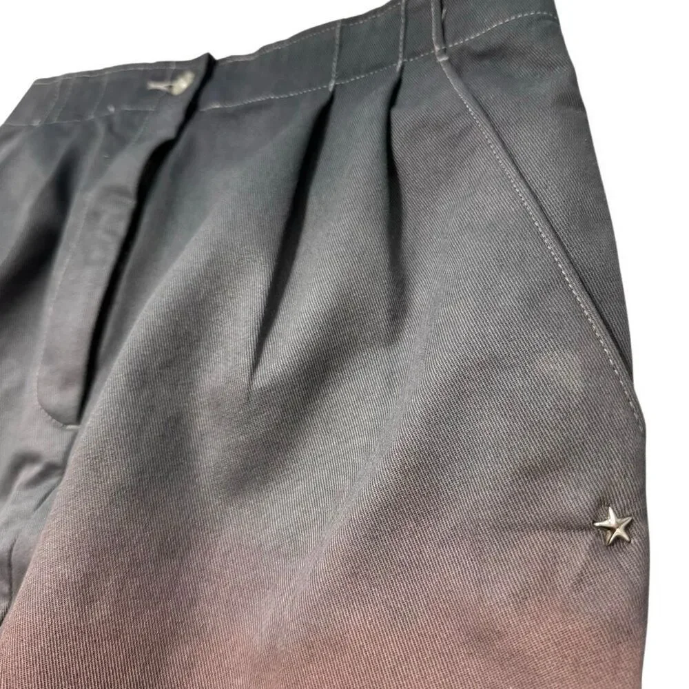 Hand-Dyed Reworked Vtg Star Studded Black Burgundy Ombré Straight Pleated Skirt